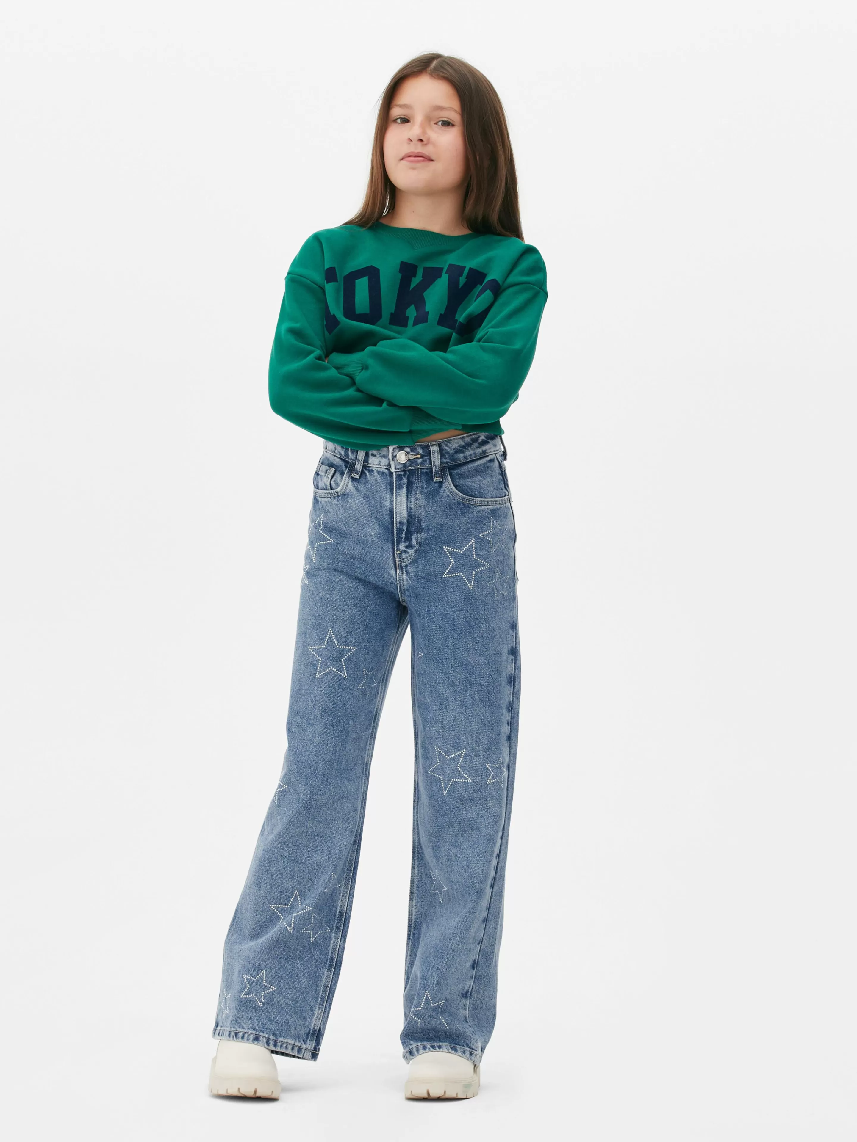 Jean Denim Large Avec Motif étoile à Strass-Primark Fashion